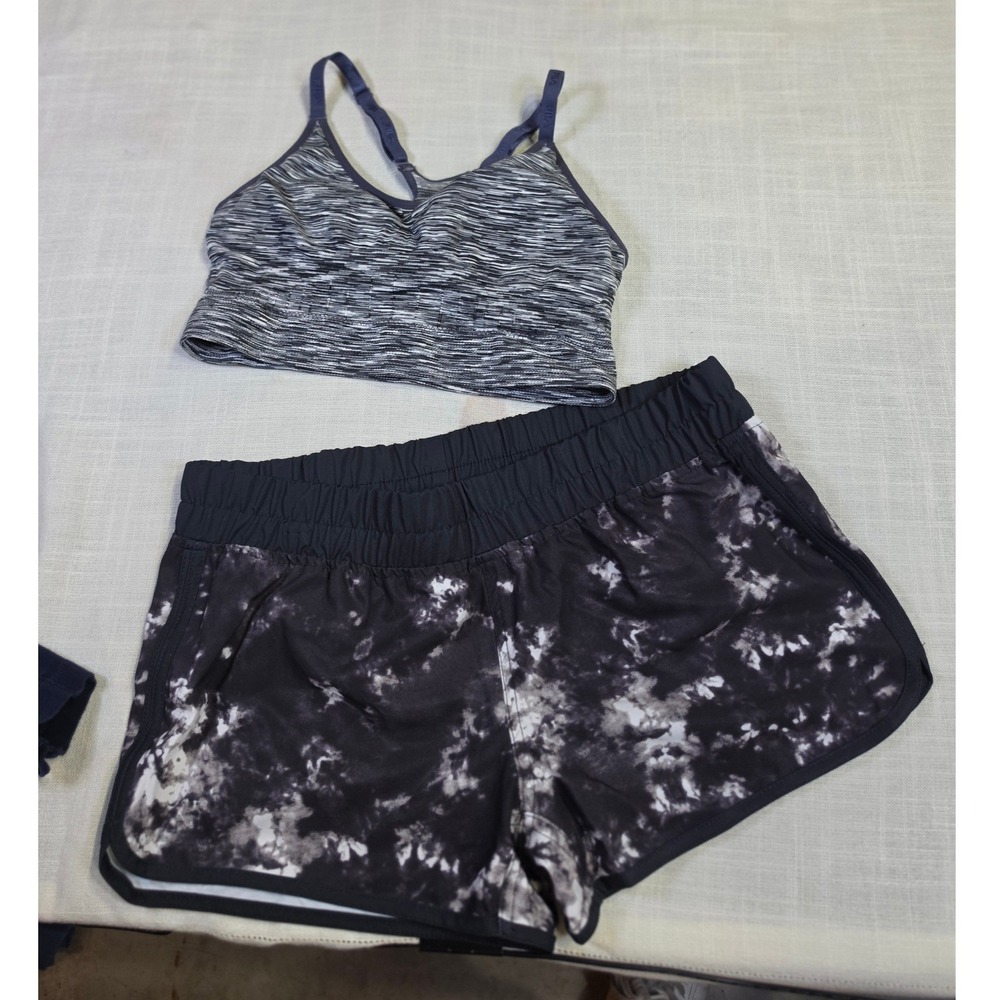 FILA Sports Bra and Burnside Tie Dye Shorts Activewear Set Grey Black Medium